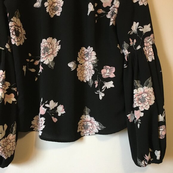 Black Off Shoulder Sleeve Floral Mother of Pearl Button Up Blouse - Picture 7 of 14